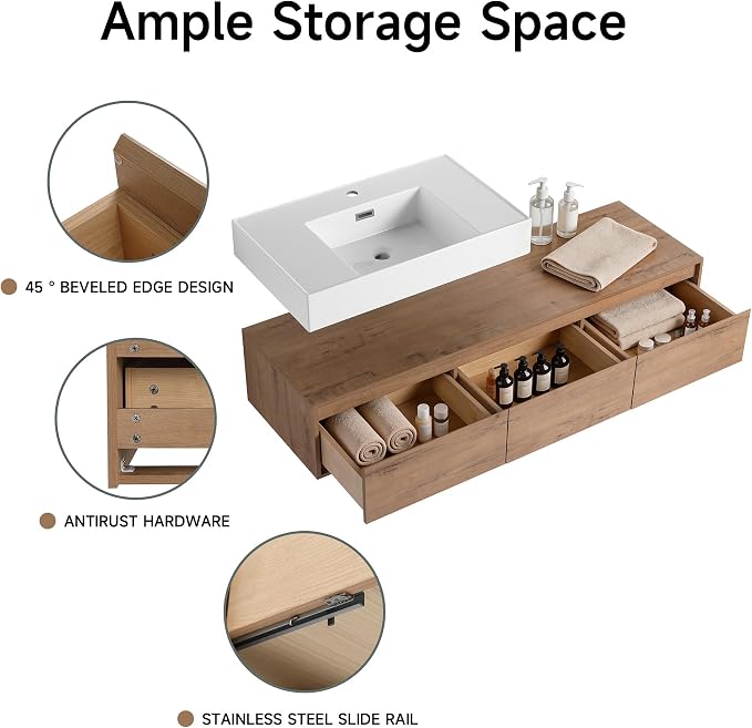60 Inch Floating Bathroom Vanity with Single Sink, Modern Wall-Mounted Bathroom Cabinet with Resin Sink & Soft Close Drawer, Split-Level Layout (Nature Oak, 60")