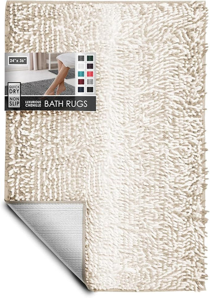 Hearth & Harbor Bathroom Rugs, Chenille Bath Mat - Machine Washable Bath Mats for Bathroom Non-Slip Backing Rubber, Quick Dry Bathroom Mat, 24 x 36 - Ombre Beige