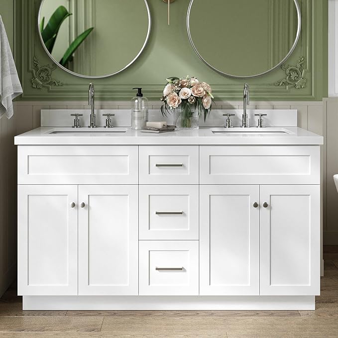 ARIEL Hamlet 60-inch Bathroom Vanity with Sink,Solid Wood, 1.5-inch Pure White Quartz Countertop & Backsplash, Double Rectangular Porcelain Sink, 4 Soft Closing Doors, 3 Dovetail Drawers, White