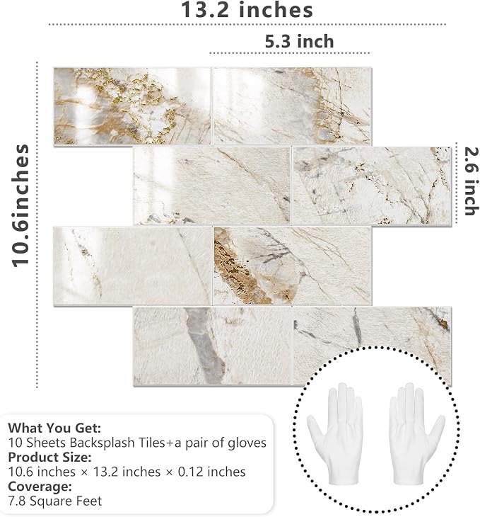 STICKGOO 10-Sheet Backsplash Peel and Stick Subway Tile(Thicker Design, Glossy Pandora Marble)