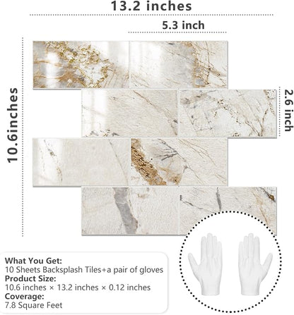 STICKGOO 10-Sheet Backsplash Peel and Stick Subway Tile(Thicker Design, Glossy Pandora Marble)