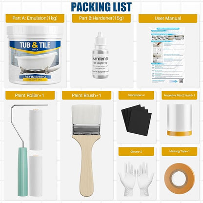 Tile Paint, Tub and Tile Refinishing Kit with Tools, 33oz Water-based White Tub Paint for Bathtub, Quick Dry Bathtub Paint for Bathroom, Kitchen, Toilets