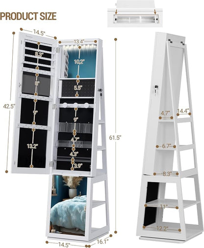 Hzuaneri 16 LEDs Jewelry Cabinet Armoire, Standing Jewelry Organizer | Lockable Full-length Mirror, 360° Rotating Base, 5-tier Storage Shelves, 4-in-1 Design, 61.5" H, White and Black JC15903B