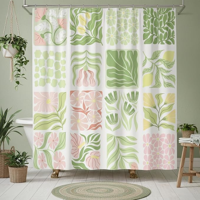 JAWO Sage Green Cute Boho Floral Shower Curtain, Colorful Abstract Floral Retro Aesthetic Shower Curtain for Bathroom, Funky Unique Waterproof Fabric Polyester Bath Curtains with Hooks,69Wx84H