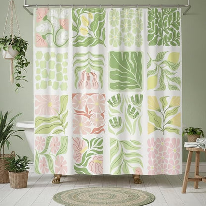 JAWO Sage Green Cute Boho Floral Shower Curtain, Colorful Abstract Floral Retro Aesthetic Shower Curtain for Bathroom, Funky Unique Waterproof Fabric Polyester Bath Curtains with Hooks,69Wx84H