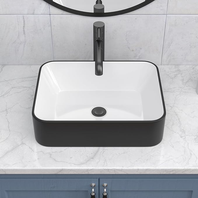 Bathroom Vessel Sink 19" x 15" Rectangle Bathroom Sinks Above Counter | Black and White Porcelain Ceramic Vessel Sinks Vanity Sink Rectangular Modern Above Counter Bathroom Vessel Sink