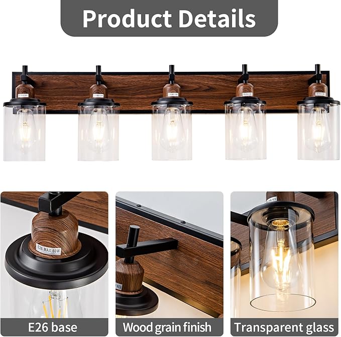 5-Light Farmhouse Bathroom Light Fixtures Vintage Bathroom Vanity Lights Over Mirror Black and Wood Painted Metal Vanity Light for Bathroom with Glass Shades E26 Socket