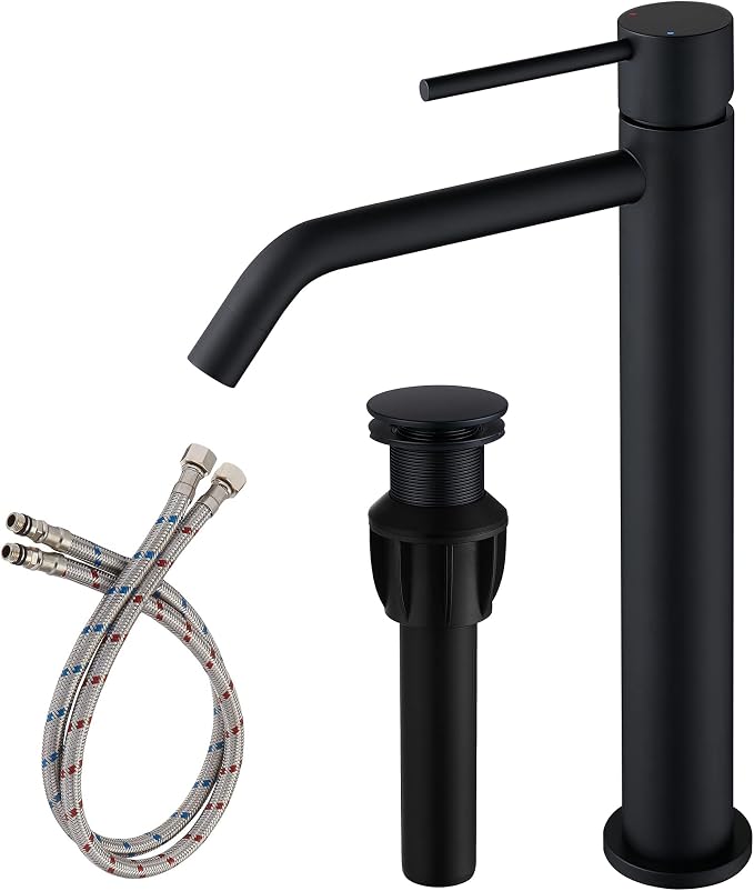 Black Vessel Sink Faucet with Drain Assembly and cUPC Supply Lines, JXMMP Stainless Steel Matte Black Faucets for Bathroom Sink, Tall Bathroom Faucet JXM1001BK