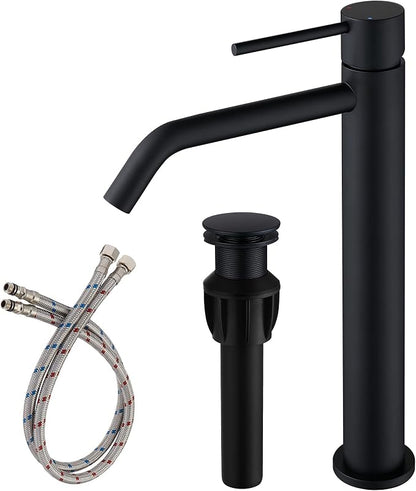 Black Vessel Sink Faucet with Drain Assembly and cUPC Supply Lines, JXMMP Stainless Steel Matte Black Faucets for Bathroom Sink, Tall Bathroom Faucet JXM1001BK
