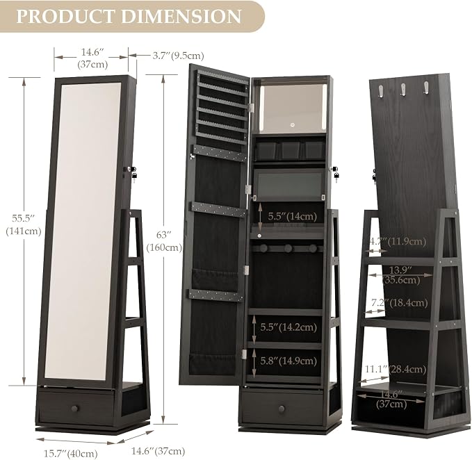 Full Length Jewelry Cabinet Standing With Built-In Mirror Jewelry Armoire With Mirror Drawers, Lockable Storage Mirror With Storage Racks Black