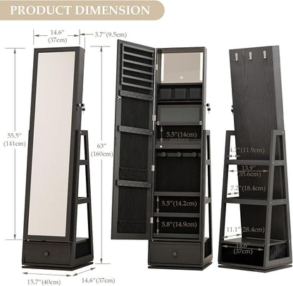 Full Length Jewelry Cabinet Standing With Built-In Mirror Jewelry Armoire With Mirror Drawers, Lockable Storage Mirror With Storage Racks Black
