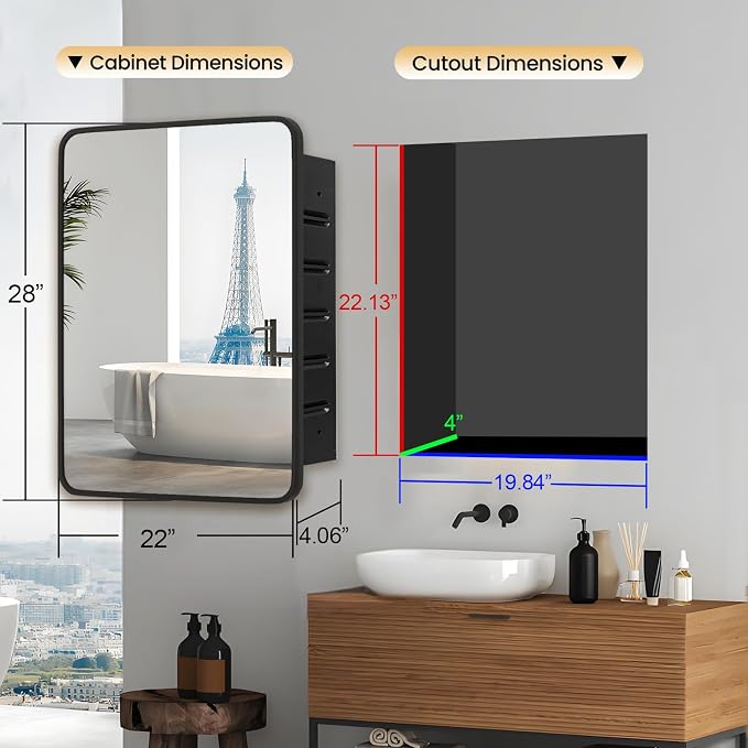 Black Medicine Cabinet 22x28 inch, Bathroom Mirror with Storage, Recessed or Wall Mounted Farmhouse Cabinets, Metal Framed Adjustable Shelves, One Door Open Left or Right