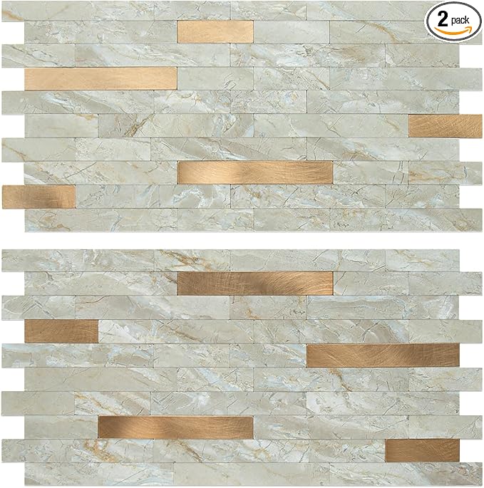 AULIGET 2 Sheets Faux Stone Peel and Stick Backsplash, Light Brown Marble Look PVC Wall Tiles Stick on Backsplash for Kitchen