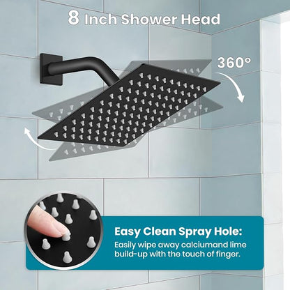 gotonovo Bathtub Shower Faucet Set, 8 Inch Shower Head, Matte Black | Wall Mounted Shower System with Tub Spout for Bathroom, Square High Pressure Rain Shower head with Handheld Spray, All Metal