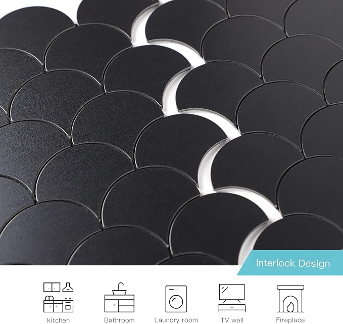 Fish Scale Black Peel and Stick Backsplash Tile, Fan Mosaic Self Adhesive Wall Tiles for Kitchen Bathroom-12 Sheet