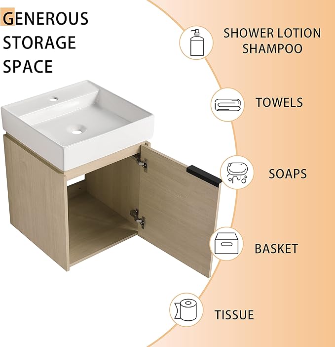 18" Bathroom Vanity with Sink, 18 Inch Floating Bathroom Vanity for Small Space, Modern Bathroom Vanity, Brown Wall Mounted Cabinet Set