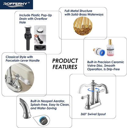 Porcelain 2-Handle Polished Chrome Bathroom Faucet 4" Centerset | with Plastic Pop-up Drain, Classical 4" Bath Lavatory Vanity Faucets for 2/3 Hole Sinks, High Arc 360° Swivel Brass Spout