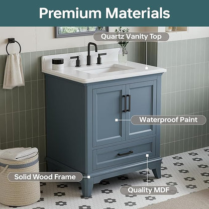 30 Inch Bathroom Vanity with Sink, Fully Assembled Bathroom Vanities with Quartz Countertop & Backsplash, 30 Inch Vanity with Sink, Soft Closing Doors & Dovetail Drawer, Steel Blue