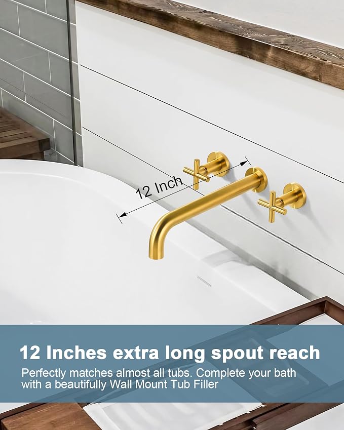 Wall Mount Tub Filler ARCORA Brushed Gold Bathtub Faucet Long Spout Reach, 2 Cross Handles Wall Mount Tub Faucet with Brass Rough in Valve Included