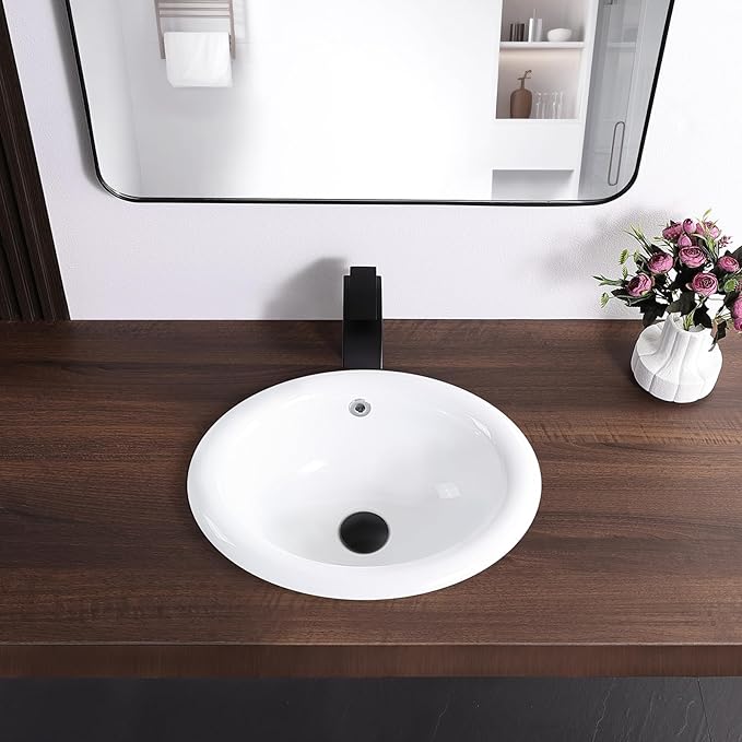 Bathroom Vessel Sink 18'' x 15'' Semi Recessed Bathroom Sink Oval Drop-in Vanity Sink with Overflow White Ceramic Modern Art Basin
