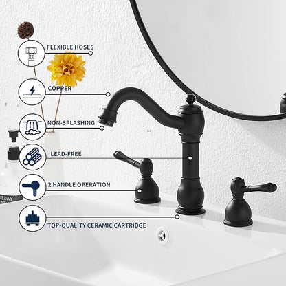 GGStudy 2 Handles 3 Holes Faucet Widespread Bathroom Sink Faucet Basin Tap Mixer Supply Hose Included Matching Pop Up Drain Matte Black