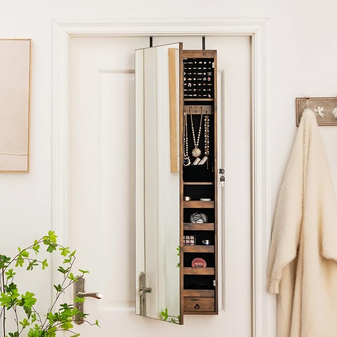 Moccha Wall Door Jewelry Armoire, 47.5" H Full Length Mirrored Jewelry Cabinet with 2 LED Lights and 2 Drawers, Lockable Jewelry Cabinet, Jewelry Organizer Storage for Bedroom, Rustic Brown