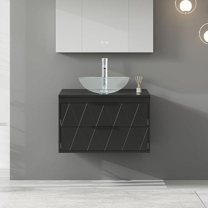 eclife 30" Floating Bathroom Vanities with Sink Combo, Wall Mounted Modern Cabinet W/Diamond Line Pattern Design, Clear Round Glass Vessel Sink W/Water Save Faucet & Pop Up Drain, Black