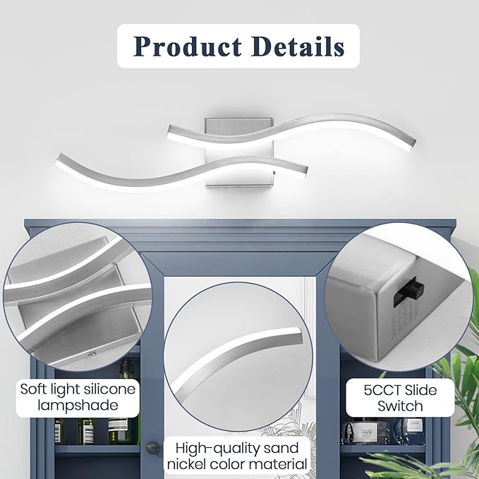 Bathroom Vanity Light Fixture, 26W 5CCT Dimmable Modern Led Bathroom Light Fixtures Over Mirror, LED Vanity Lighting Bar for Bathrooms (Brushed Nickel, 24inch)