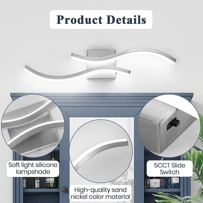 2 Pcaks Nickel Bathroom Vanity Light Fixture, 24in 5CCT Dimmable Modern Led Bathroom Light Fixtures Over Mirror, 26W LED Vanity Lighting Bar for Bathrooms (Brushed Nickel,2 Packs, 24inch)