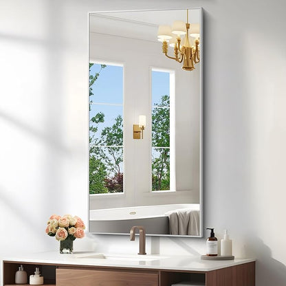 KOCUUY Silver Bathroom Mirror, 48"x24" Rectangle Bathroom Mirror for Wall, HD Tempered Glass, Anti-Rust Brushed Silver Frame, Modern Design for Bathroom, Bedroom, Living Room, Entryway.