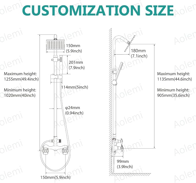 Aolemi Outdoor Shower Kit with Handheld,Square Rain Shower,Brushed Nickel | 2-Handle Hot and Cold Control, Adjustable Height, 6-Inch Center Valve, 59-Inch Hose, Winter Drainage Outdoor Shower Fixtures