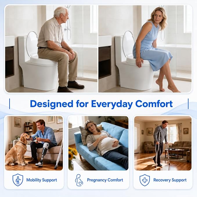 Raised Toilet Seat with Bidet for Seniors, 3" Height, Heavy Duty Slow Close Elevated Toilet Seat with Never Loosen Hinges, Fits Most Round Toilets, No Electric Cold Water Only (Round 16.5'')