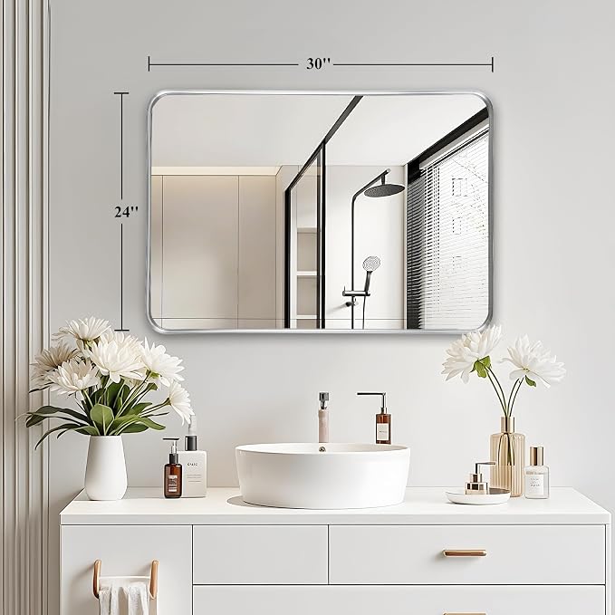 Silver Bathroom Vanity Mirror Over Sink 24x30, Wall Mounted Chrome Mirror | Fabuday Matte Metal Brushed Nickel Framed Rectangle Mirror for Living Room, Bedroom, Entryway Decor, Wall Mounted