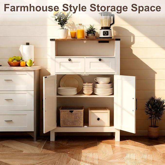 Bathroom Floor Cabinet with Outlets, Farmhouse White Cabinet with Doors, Drawer, Bathroom Storage Cabinet Hutch Cupboard Organizer for Kitchen Pantry, Laundry, Entryway, Rustic