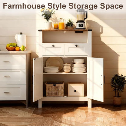 Bathroom Floor Cabinet with Outlets, Farmhouse White Cabinet with Doors, Drawer, Bathroom Storage Cabinet Hutch Cupboard Organizer for Kitchen Pantry, Laundry, Entryway, Rustic
