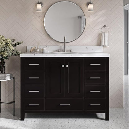 Beckford 48-Inch Bathroom Vanity with Sink — Espresso Single Sink Bathroom Vanity, 1.5" Edge Carrara White Quartz Countertop, Solid Wood, 2 Soft-Close Doors, 9 Dovetail Drawers