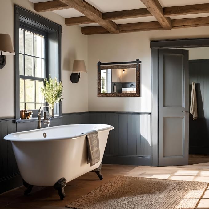 COGOOD Farmhouse Bathroom Mirrors for Over Sink - 22 x 30 Black Brown | Rustic Barn Door Wood Framed Vanity Mirror for Entryway, Living Room, Bedroom, Dresser Wall Decor