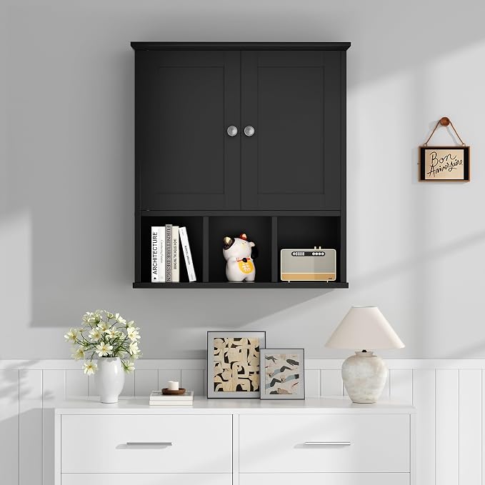 Shintenchi Bathroom Medicine Cabinet, Wall Mounted, Adjustable Shelf, Black | Over The Toilet Cupboard, Open & Concealed Storage, 2 Magnet Doors, Space-Saving, Easy to Clean