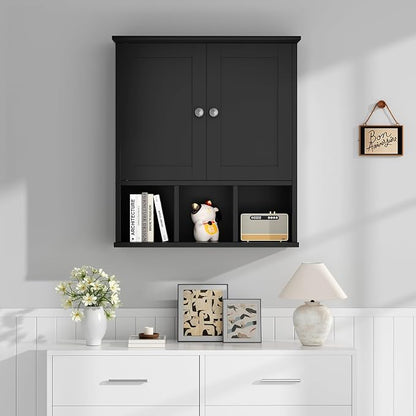 Shintenchi Bathroom Medicine Cabinet, Wall Mounted, Adjustable Shelf, Black | Over The Toilet Cupboard, Open & Concealed Storage, 2 Magnet Doors, Space-Saving, Easy to Clean