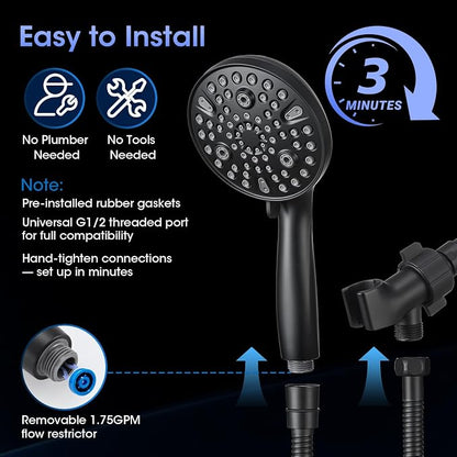 Shower Head with Handheld, High Pressure 10 Spray Modes, Matte Black | Built-in Pause Function, Power Wash Mode, Anti-Clog Nozzles, 71 Inch Stainless Steel Hose, Adjustable Overhead Bracket