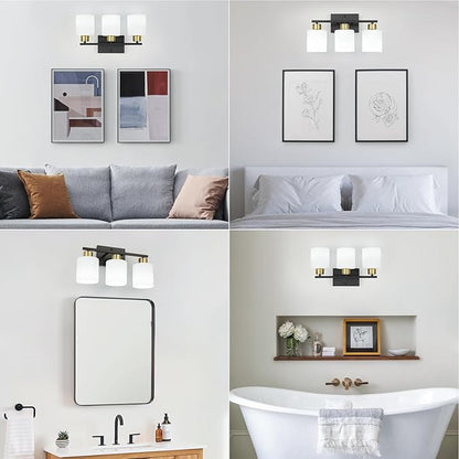 WILON Bathroom Light Fixtures Over Mirror, 3 Light Black and Gold Vanity Light, Wall Sconces with White Milky Glass Lamp Shades,E26 Bathroom Vanity Light (Bulbs Not Included)