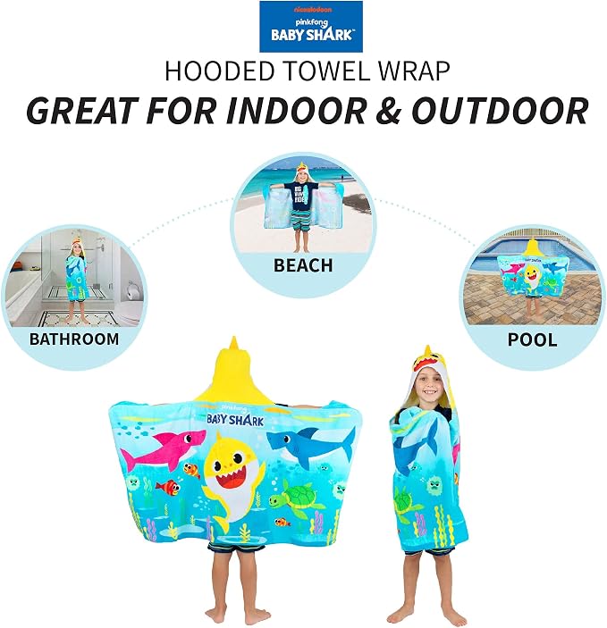 Franco Baby Shark Bath/Pool/Beach Soft Cotton Terry Hooded Towel Wrap, 24 in x 50 in, Kids