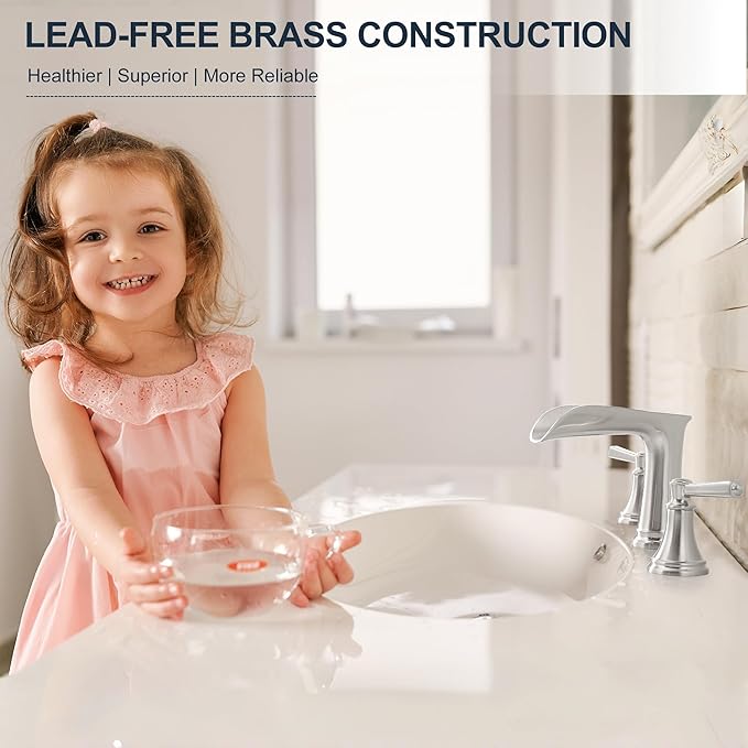 8 Inch Brushed Nickel Bathroom Faucet Widespread, Brass Waterfall Faucet for Bathroom Sink 3 Hole 2 Handle with Pop up Drain & Pre-Installed cUPC Supply Pipe for Restroom, 10 Mins Install