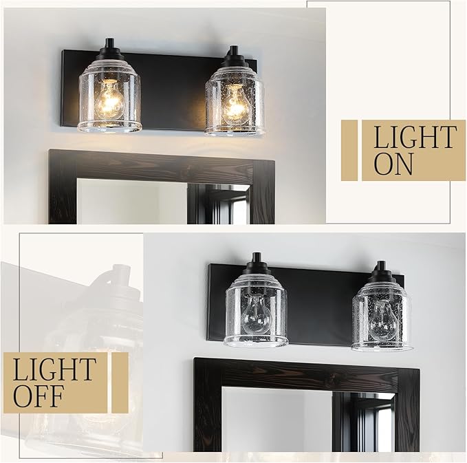 Vanity Lights for Bathroom Large 15.8", Farmhouse Rustic Vanity Light with Bubble Glass Shades, Black 2 Light Bathroom Lighting Fixtures Over Mirror, Bath Wall Sconce Home Decor