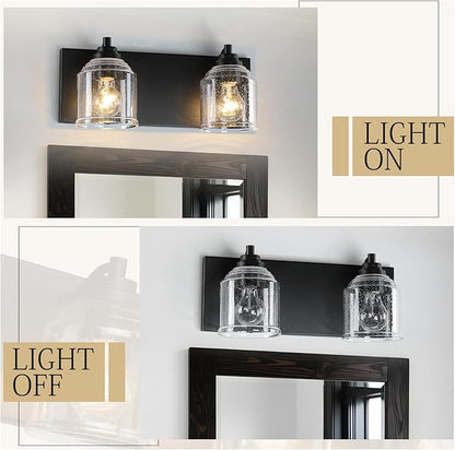 Vanity Lights for Bathroom Large 15.8", Farmhouse Rustic Vanity Light with Bubble Glass Shades, Black 2 Light Bathroom Lighting Fixtures Over Mirror, Bath Wall Sconce Home Decor