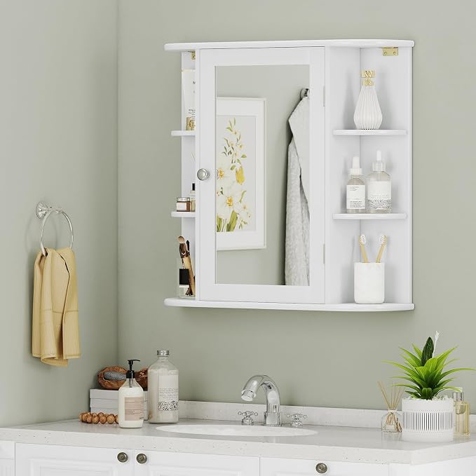 GIANTEX Bathroom Medicine Cabinet (White) | Wall Mounted Medicine Cabinet with Mirrored Door & 4 Interior Shelves, 6 Open Shelves, Space-saving Storage Cabinet