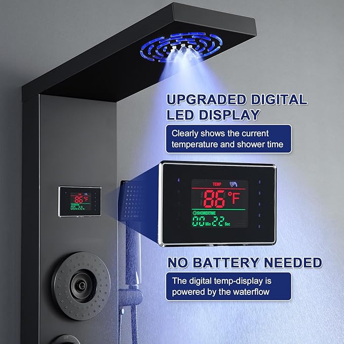 ROVATE LED Shower Panel Tower System with Rainfall Mist Shower Head, Matte Black 6-in-1 Shower Tower with Jets and Handheld and Digital Temperature Display, High Pressure Shower Column with Tub Spout