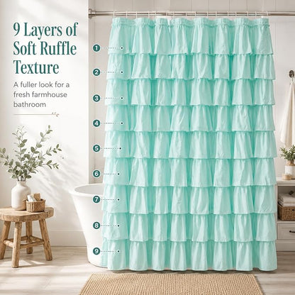 Teal Ruffle Shower Curtain, Elegant Boho Bathroom Decor, Extra Long Textured Fabric, Rustic Farmhouse Style, Chic Girly Aqua Curtains, Privacy & Decorative Design, 72 x 72 inch