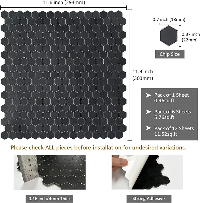 Black Peel and Stick Backsplash Mini Hexagon Tile, Self Adhesive Brushed Metal Surface Honeycomb Stick on Wall Tiles for Kitchen Bathroom(12 Sheets)