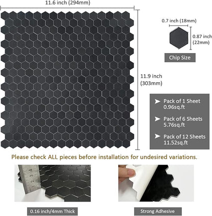 Black Peel and Stick Backsplash Mini Hexagon Tile, Self Adhesive Brushed Metal Surface Honeycomb Stick on Wall Tiles for Kitchen Bathroom(12 Sheets)